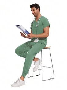 Scrubs Sets Men Multicolour Short Sleeve Tops+Jogger Pants Suit Nursing Joggers Pet Veterinary Work Scrubs Uniform Men Nurse Sets - Mint Green - View 8