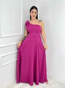 Long Luxury Plain Linen Dune Dress With One Shoulder Bow - Màu Hoa hồng đỏ - Xem 1