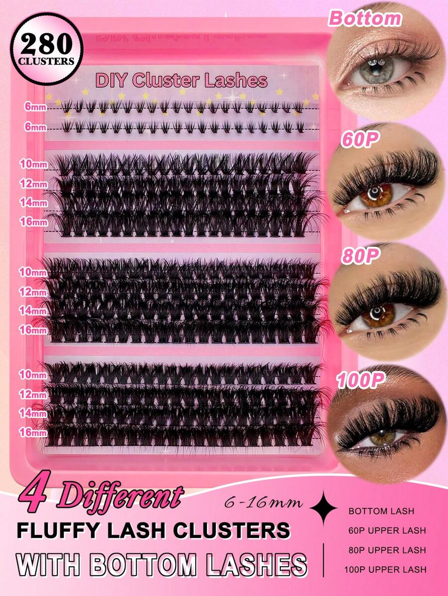280 件 D 卷曲 DIY 簇状睫毛延长套装 8-16 毫米长度混合蓬松 60D+80D+100D 3 种款式混合+40 件透明带底部单根睫毛簇状分段尖刺 D 卷曲睫毛延长可以使猫眼睫毛看起来或自然外观和蓬松体积戏剧性睫毛效果睫毛簇、睫毛簇、单根睫毛、睫毛、假睫毛 - D - 查看 1