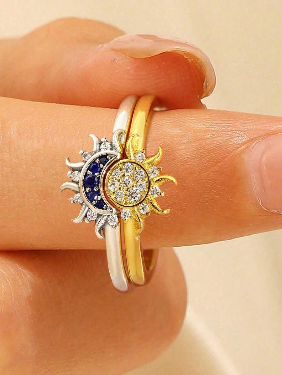 1 件装太阳满钻戒指 S925 纯银简约休闲戒指适合日常佩戴，精致女士珠宝礼物 - 墨戒指 - 查看 1