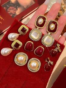 6pcs/Set Vintage Red Cat Eye Faux Pearl Wrap Earrings, Luxury Niche Design, High-End Festive Christmas, Minimalist Versatile Personalized Earring Set Suitable For Women's Daily & Holiday Wear