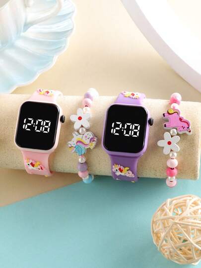 4件套女孩时尚经典独角兽造型方形数字LED儿童腕表，适合学校开学季佩戴。这款手链式电子表和串珠手工独角兽手链适合日常生活、运动、上学、聚会和旅行。它们是馈赠朋友、生日礼物、毕业季的完美之选。也是送给女孩的完美礼物。