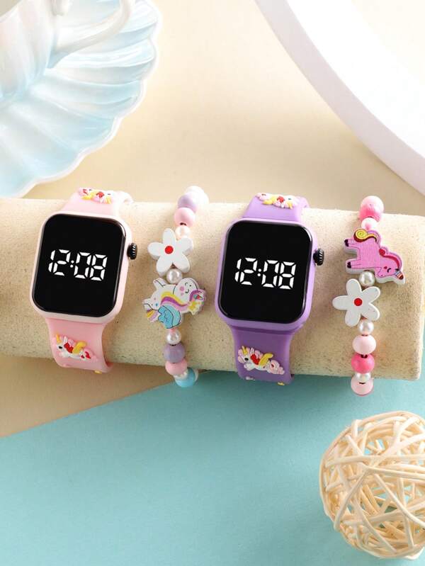 Ensemble de 4 pièces Montre bracelet LED carrée numérique classique et à la mode en forme de licorne pour enfants. Convient pour le port pendant la saison de la rentrée scolaire. La montre électronique et le bracelet fait main en forme de licorne conviennent pour la vie quotidienne, les sports, l'école, les fêtes et les voyages. Ils sont des cadeaux parfaits à offrir aux amis, pour les anniversaires, la remise des diplômes. C'est le cadeau idéal pour les filles.