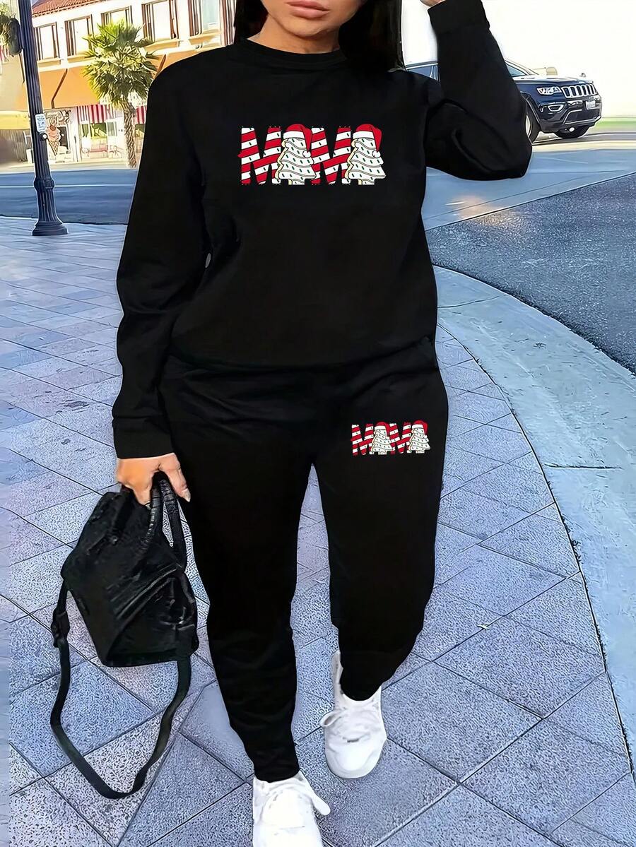 Christmas Mom Christmas Tree, Two-Piece Casual Sports Sweatshirt Suit For Women, Autumn And Winter - Black - View 1