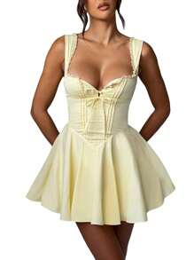 Women's Mini Corset Dress A-Line Deep V Neck Backless Ruffle Hem Sleeveless Dress For Party Club - Màu vàng - Xem 1