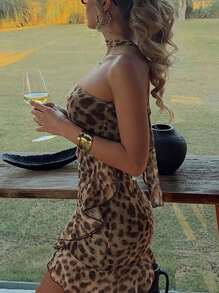 Women Leopard Tube Ruffle Mini Dress Bodycon Sexy Party Dress - Brown - View 2