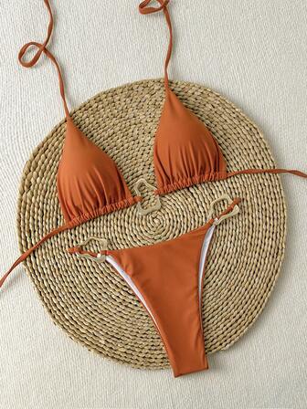 新款性感欧美风纯色带扣比基尼泳衣，女士款