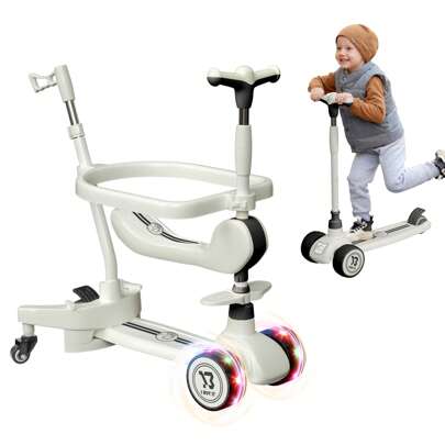 Multifunctional 3 Wheels Scooter, Toddler Scooter With Light Up Wheels, Kids Scooter With Adjustable Handbar, Foldable Kick Toddler Scooter With Push Handle For Boys Girls