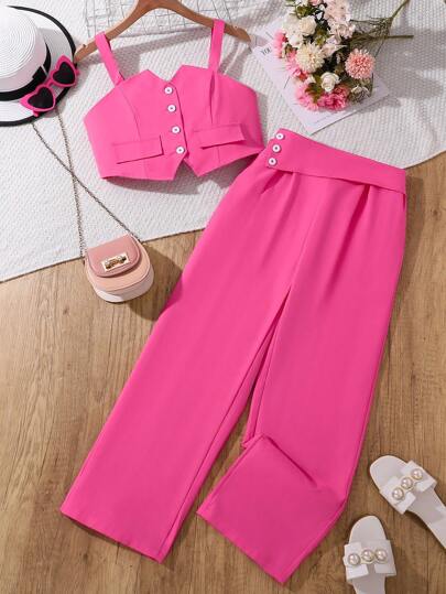 2pcs/Set Tween Girls Solid Color Crop Top & Casual Long Pants Set, Summer