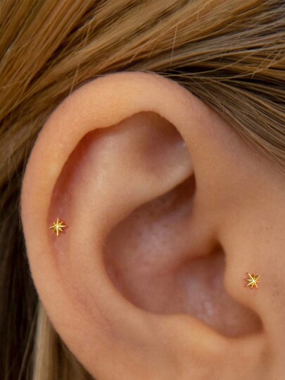 1 pieza Pendiente de cartílago de plata de ley 925 con estrella de rosca interna | Pendientes con diseño de estrella para perforación | Joyería hipoalergénica de oro para hélice y cartílago | Pendiente tipo labret de base plana | Adecuado para uso diario de mujeres