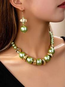 3pcs/Set Elegant Palace Style Pearl Necklace & Earrings Jewelry Set, Refined & Distinctive Design - Green - View 13