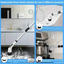 一套电动旋转地板清洁器，包含8个可替换刷头，无线电动清洁刷，带可调节长柄，可充电淋浴地板清洁器，适用于浴室、厨房、浴缸、瓷砖、淋浴房和汽车，清洁用品 - 白色 - 查看 11