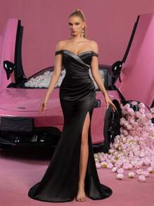 Faeriesty 露肩水钻细节开叉大腿美人鱼下摆缎面正式派对礼服、婚礼宾客礼服、晚礼服 - 黑色 - 查看 2