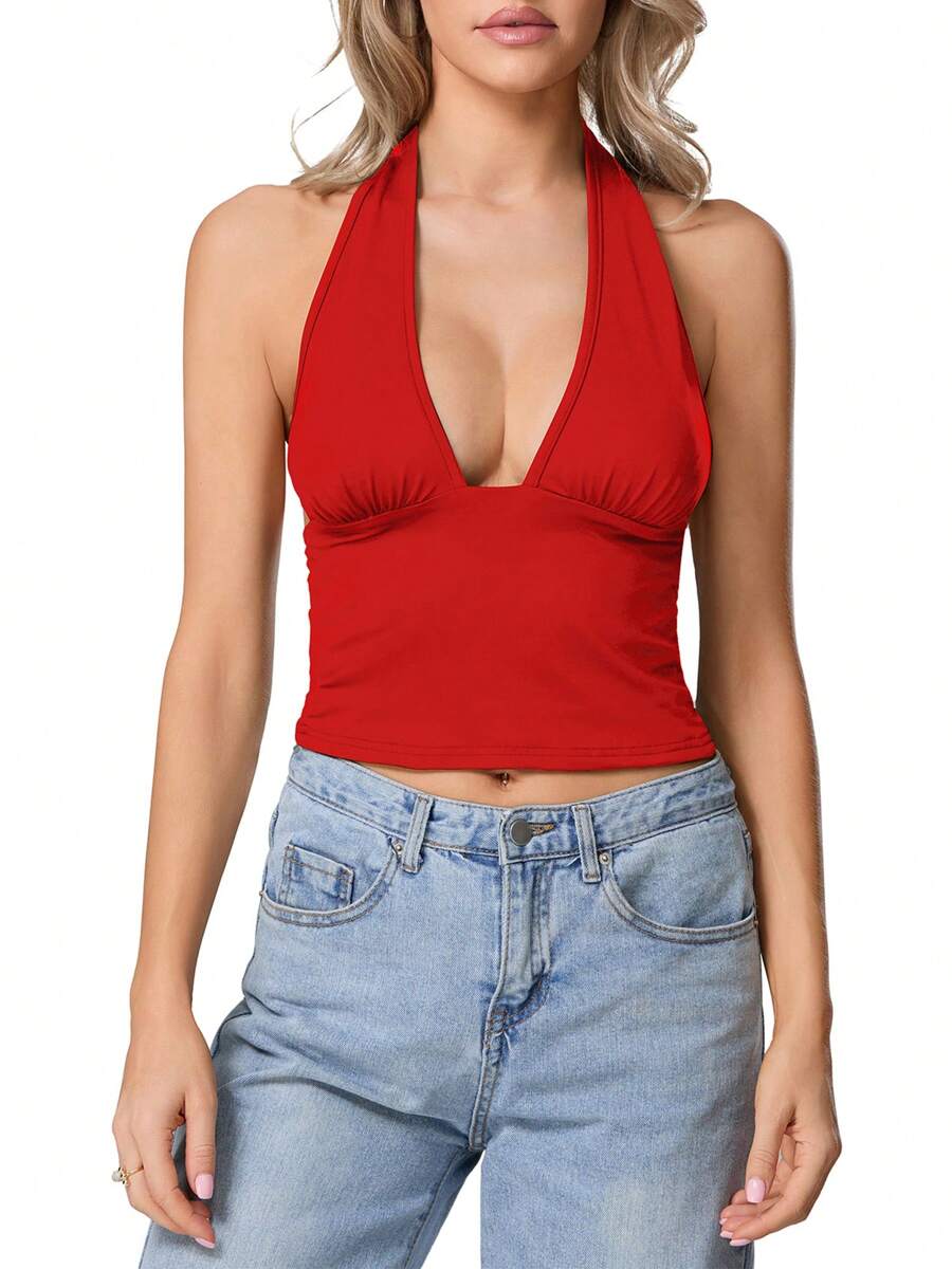 Women Crop Tank Tops Solid Color/Leopard Print Halter Neck Deep V-Neck Backless Casual Vests Summer Sleeveless Tops - Red - View 1