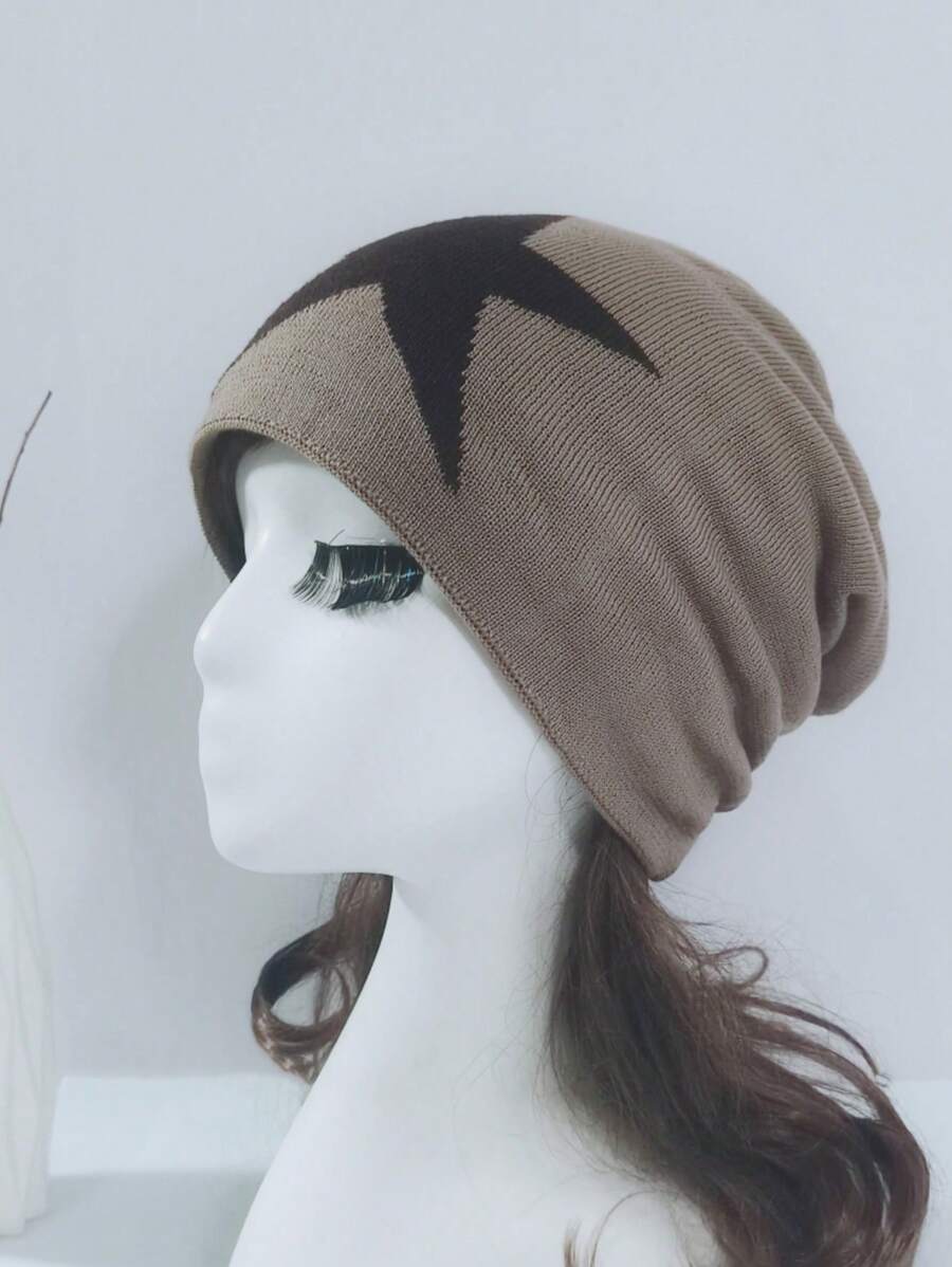 1 件保暖内衬五角星针织帽 - 卡其色