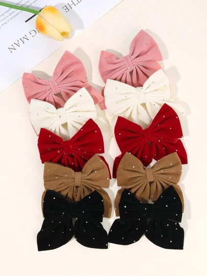 10 件秋冬天鹅绒蝴蝶结发夹，适合幼儿女孩，精美水钻装饰发夹，多色发夹成对，鳄鱼夹，儿童青少年发饰，适合日常生活节日，完美的儿童礼物