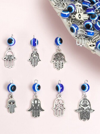 10pcs Exquisite Retro Hamsa Hand Alloy Charms With Blue Evil Eye Resin Bead - 7 Styles Hand & Turkey Blue Eye Design Accessories For DIY Necklace Earrings Keychain And Clothing Decorations, Ideal For Spiritual Protection And Jewelry Amulet With Lucky Symbols Crafting