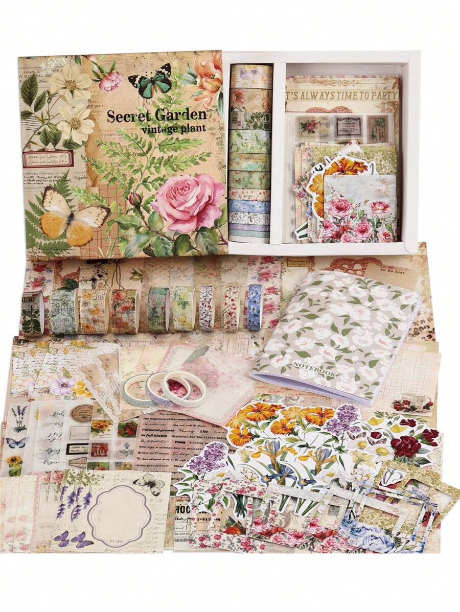 Vintage Botanical Scrapbooking Supplies Set, Aesthetic Floral Scrapbook Kit For Bullet Journaling, Planner DIY, 12pcs Papers And Washi Tapes, Stickers For Girls, Women, Crafting Gift Back To School,Back To School,School Supplies