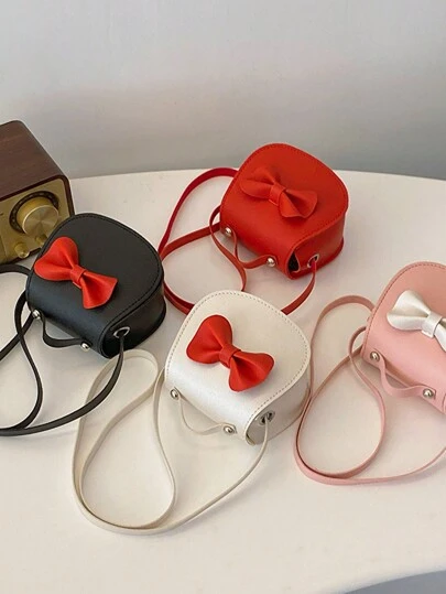 蝴蝶结装饰时尚女童单肩包，PU皮革斜挎小包