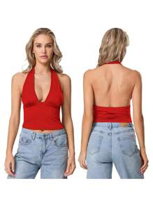 Women Crop Tank Tops Solid Color/Leopard Print Halter Neck Deep V-Neck Backless Casual Vests Summer Sleeveless Tops - Red - View 2