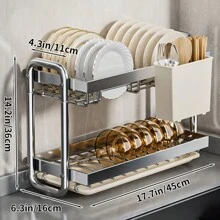 Stainless Steel Bowl & Plate Storage Rack, Kitchen Narrow Counter Dish Drainer, Multi-Function Cutlery Organizer Box - Grey - View 11