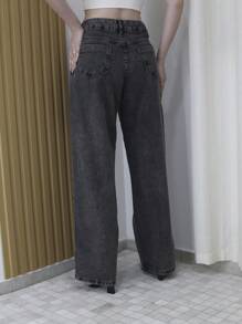 ￼Women's Wide Leg Jeans, High Waist, Graphite Fabric - 深灰色 - 查看 4