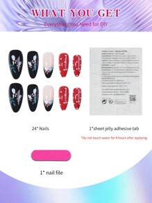 24pcs Long Almond French Nail Stickers Manicure Set, Medium Mushroom Pattern, Acrylic Material, Includes 1pc Jelly Gel And 1pc Nail File. Suitable For Women And Girls For Daily Work, Study And Party Use In Autumn/Winter. Complete Nail Care Kit. Nails Nail Supplies - Multicolor - View 2