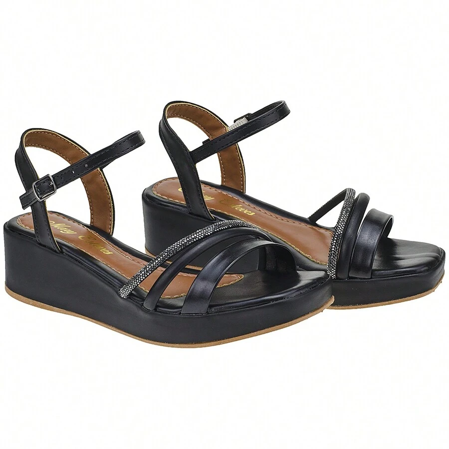 Women's Wedge Sandal With Comfortable Rhinestone Strap - màu đen - Xem 1