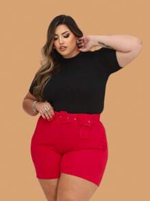 Basic T-Shirt Ribbed Premium Plus Size Soft And Adjustable Stylish Elegant Knit - Black - View 3