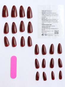 NAI OU 24 件短杏仁形纯酒红色假指甲，带 1 个指甲锉和 1 个果冻凝胶按压式指甲蜗牛用品