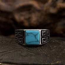 1pc Men's Vintage Simple Square Turquoise Ring Jewelry - Antique Silver - View 1