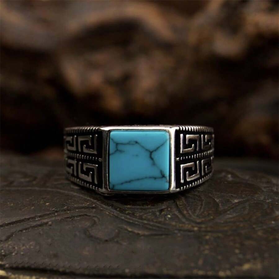 1pc Men's Vintage Simple Square Turquoise Ring Jewelry - Antique Silver - View 1