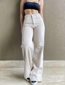 Women's Wide Leg High Waist Jeans In Graphite Fabric - Màu be - Xem 1