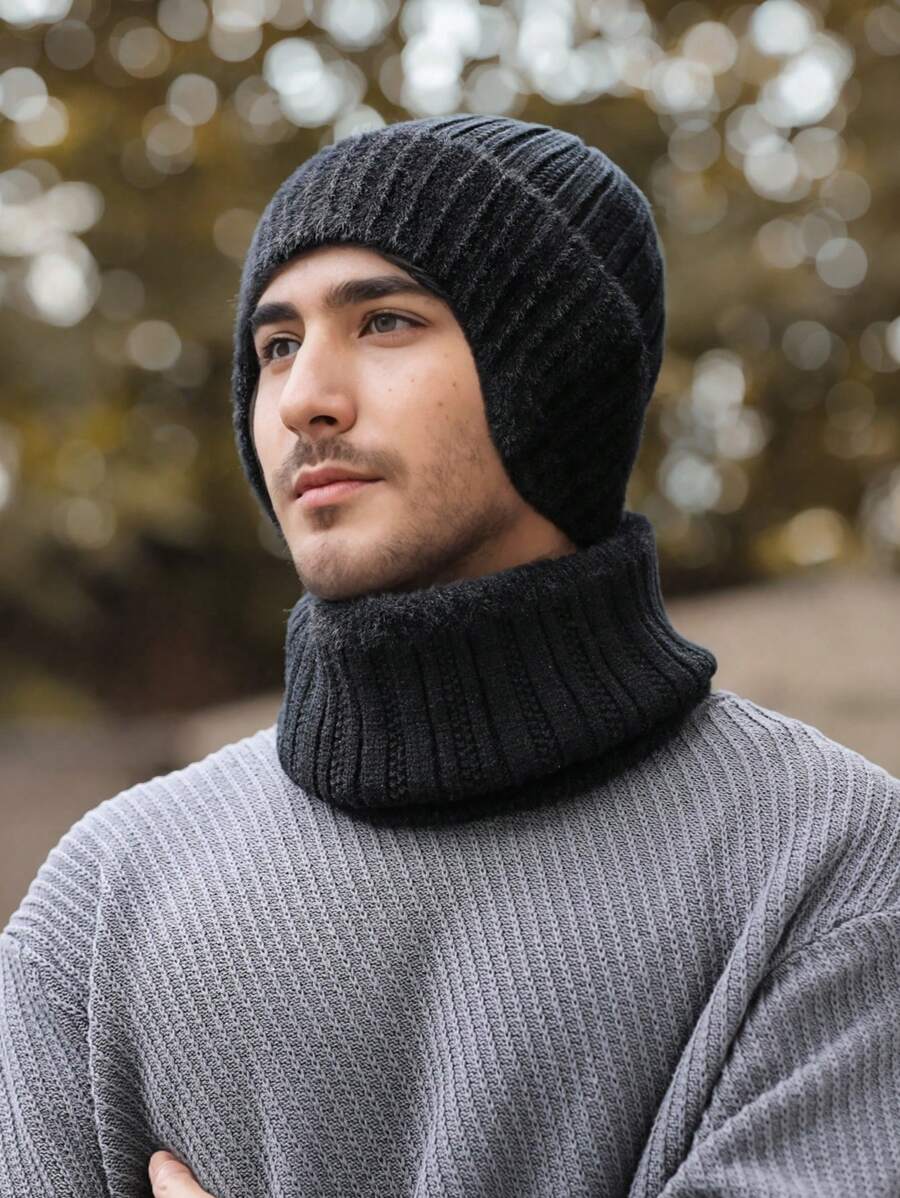 2 件套：1 顶男士无檐便帽 + 1 条围巾，蓬松翻边竖条纹护耳针织帽，保暖防风冬季户外休闲头饰 - A - 查看 1