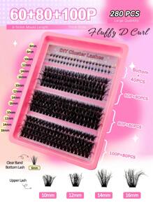 280 件 D 卷曲 DIY 簇状睫毛延长套装 8-16 毫米长度混合蓬松 60D+80D+100D 3 种款式混合+40 件透明带底部单根睫毛簇状分段尖刺 D 卷曲睫毛延长可以使猫眼睫毛看起来或自然外观和蓬松体积戏剧性睫毛效果睫毛簇、睫毛簇、单根睫毛、睫毛、假睫毛 - D - 查看 4