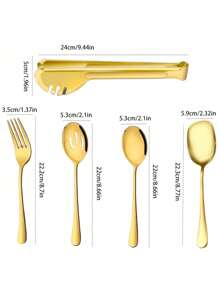 5/10 件不锈钢餐具套装，包括餐勺、餐叉、沙拉叉、小铲子、面包夹，适合居家、餐厅、派对 - 金色 - 查看 2