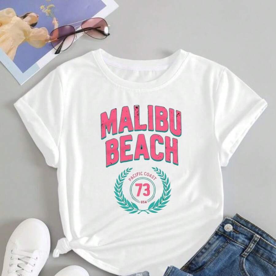 Malibu Beach Printed Blouse T-Shirt Women's Clothing Aesthetic Streetwear100% Cotton - trắng - Xem 1