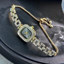 1 件女士方形表壳水钻刻度表盘方形镶嵌钻石拉出式可调节链条石英表，嘻哈风格 - 彩色 - 查看 3