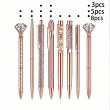 3/5/8pcs Rose Gold Ball Pen Set, Liquid Sand Shimmer Pens, Metal Crystal Rhinestone Ballpoint Pen, Black Ink, Gift For Girls, Wedding, Office Desk Supplies Back To School