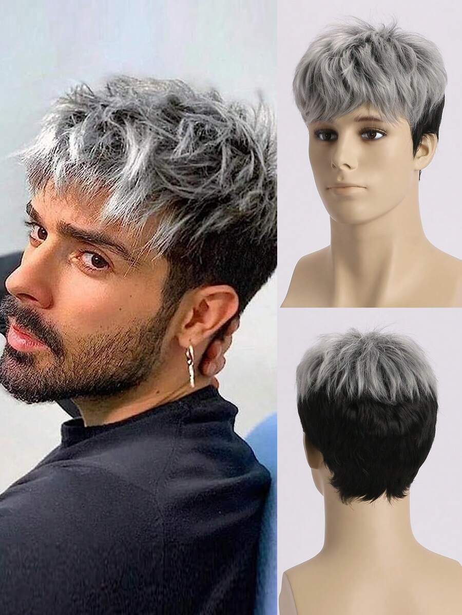 10-Inch Men's Fashionable Natural Silver Grey Short Curly With Bangs Wig, Suitable For Daily Wear, Halloween, Festivals, Parties