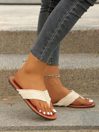 Women's Summer Linen Woven French Countryside Style Versatile Fashion Korean Version Comfortable Casual Thong Sandals, Bohemian Beachwear, White