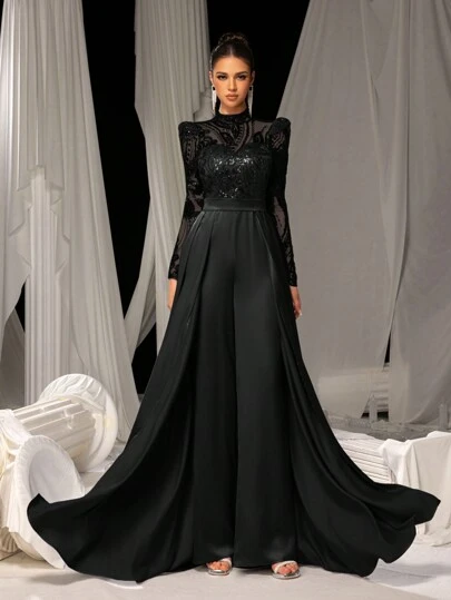 Faeriesty Elegant Satin Jumpsuit, Adorned With Shiny Sequin Embroidery, Floor-Length Gown | Luxury Evening Dress Suitable For Formal Occasions, Galas, Weddings