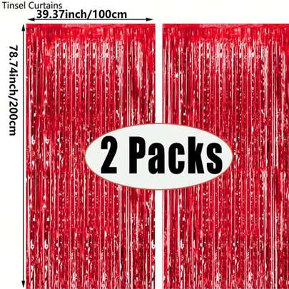 2/3/5pcs Red Party Backdrop Metallic Foil Fringe Tinsel Curtain, Birthday Party Wedding Decor Supplies