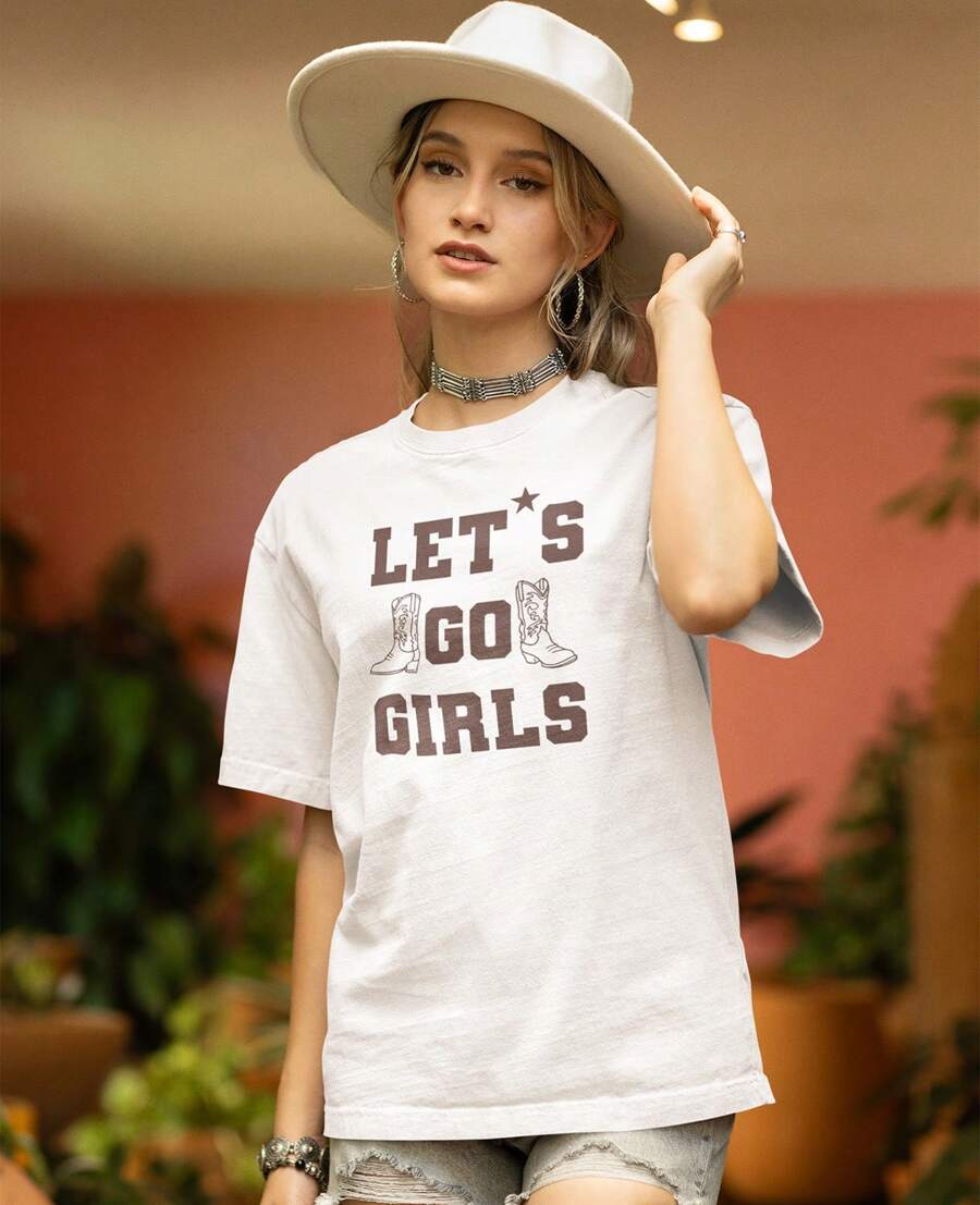 Unisex Basic Cotton T-Shirt Let's Go Girls Slogan With Boots - 白色 - 查看 1