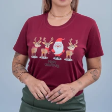 Women's Burgundy Christmas T-Shirt Reindeer Santa Claus Christmas Family Party - Màu Tím - Xem 1