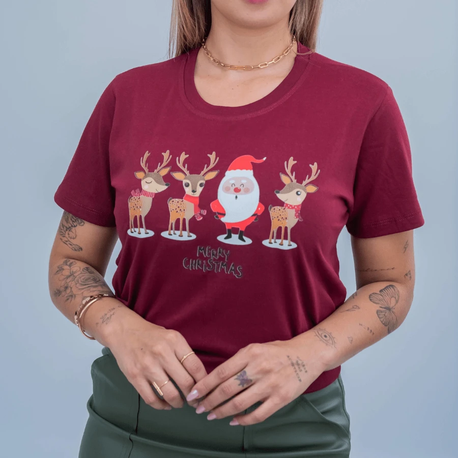 Women's Burgundy Christmas T-Shirt Reindeer Santa Claus Christmas Family Party - Màu Tím - Xem 1
