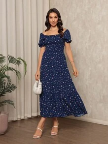 Long Dress With Puffed Sleeves Elastex Print - Royal Blue - View 1