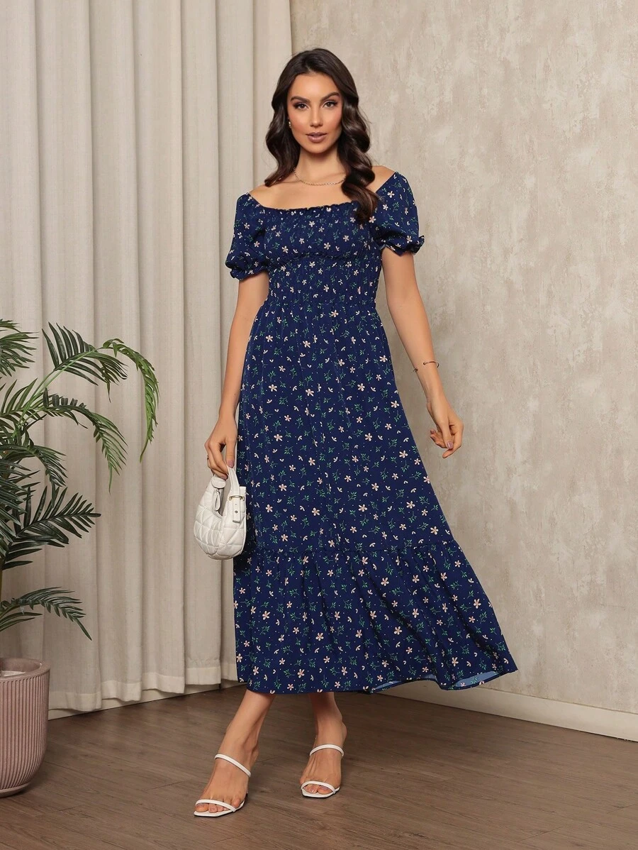 Long Dress With Puffed Sleeves Elastex Print - Royal Blue - View 1