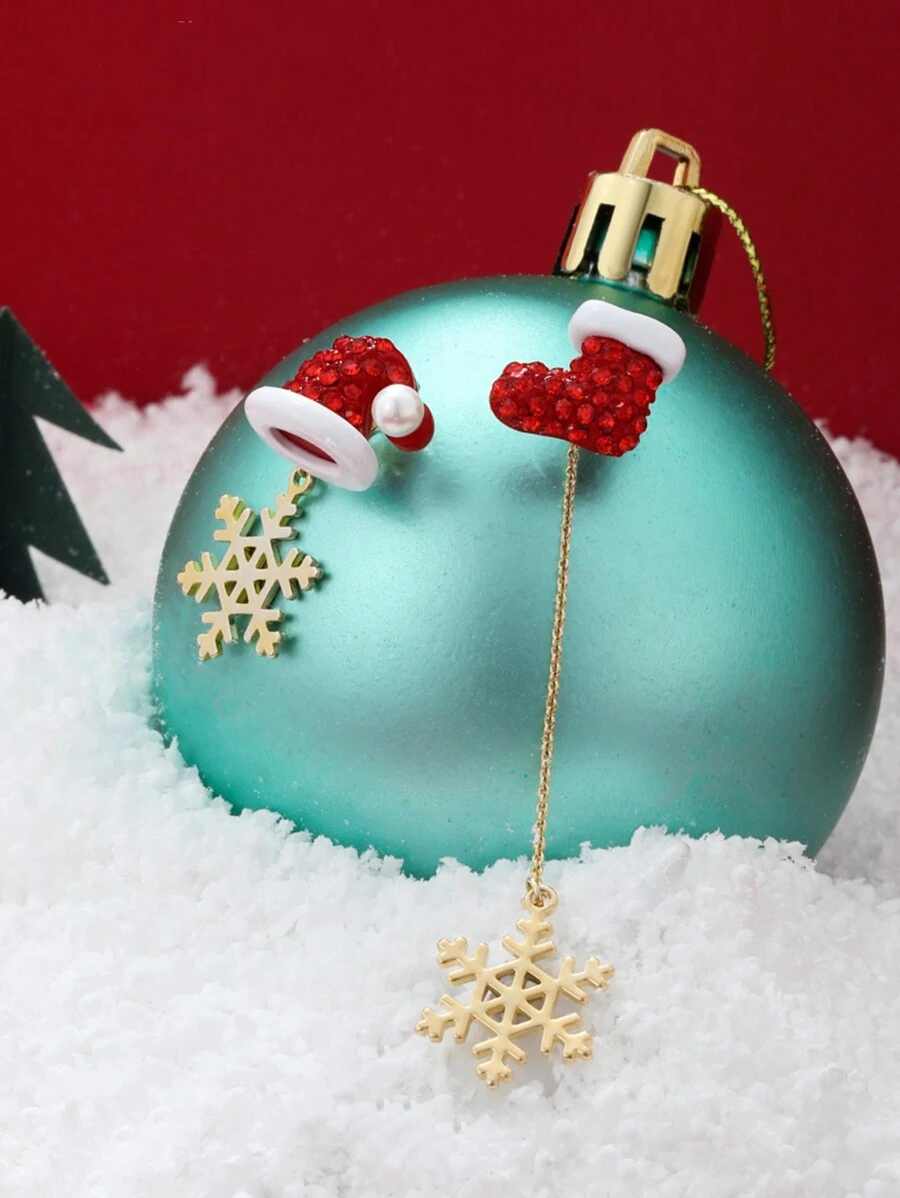 时尚不对称圣诞圣诞老人流苏耳钉雪花女士珠宝珐琅圣诞星树穿孔派对珠宝礼物 - 彩色 - 查看 1