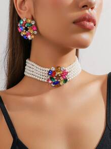 1pc Elegant Geometric Heart Shaped Colored Crystal Rhinestone Necklace And 1 Pair Heart Shaped Colored Crystal Rhinestone Earrings Set, Suitable For Evening Dress And Daily Use Valentines,Mom,Mother,Mother's Day,Gift